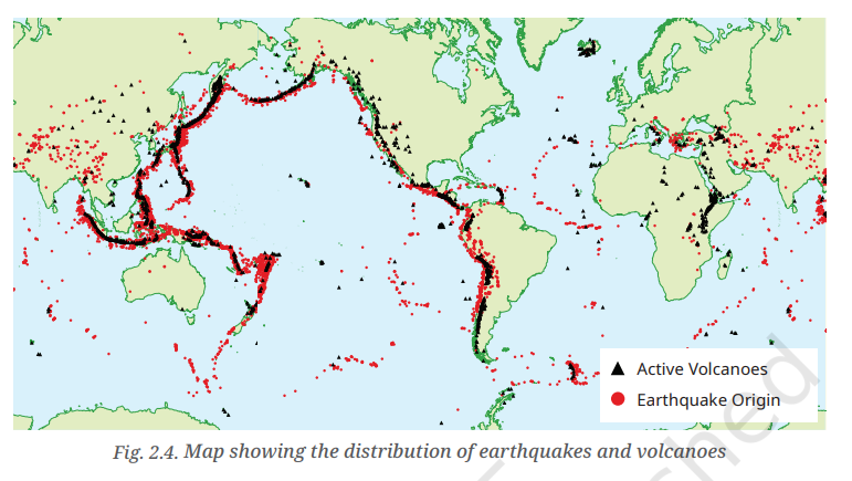 Map showing the distribution of earthquakes and volcanoes
